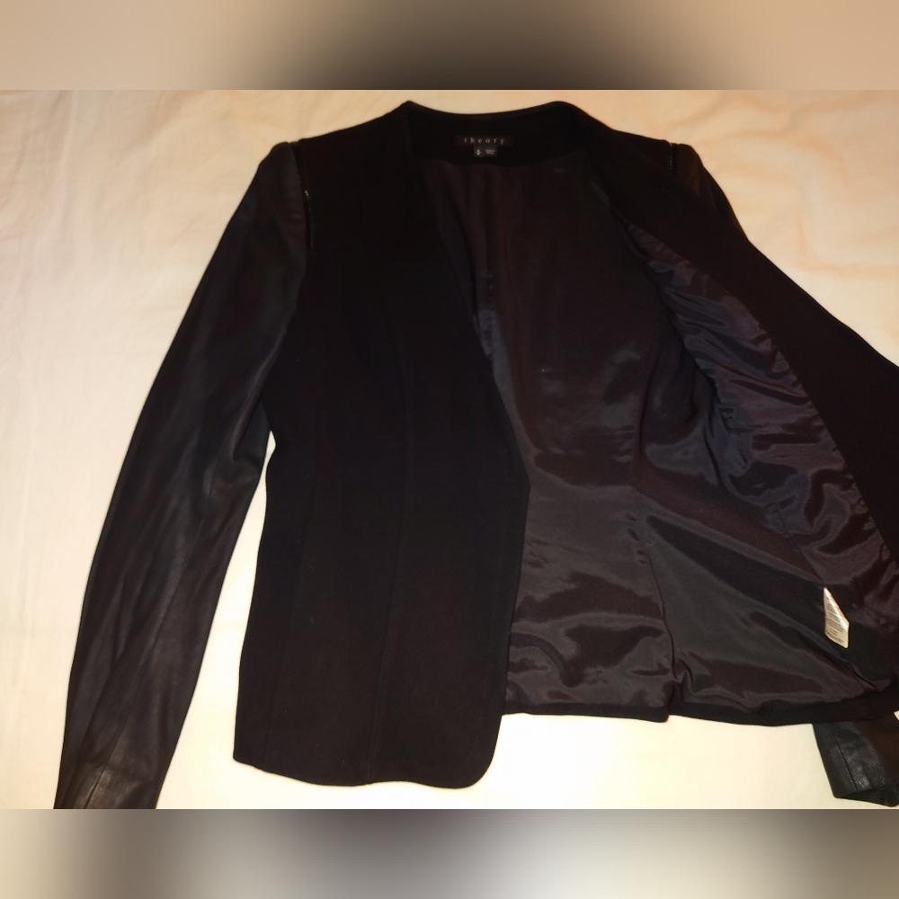 NWOT Black THEORY Leather Blazer Zipper Detail Jacket Open Front Pockets S Small - Picture 11 of 12
